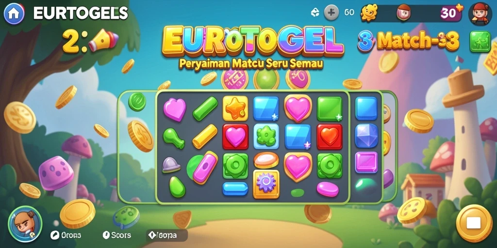 Screenshot gameplay EUROTOGEL menunjukkan aksi Match-3 yang seru.