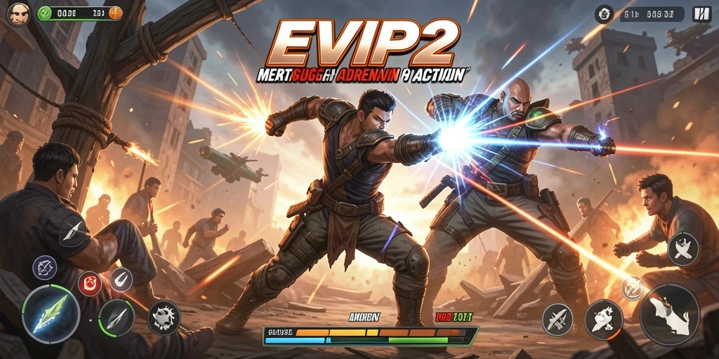 Tangkapan layar dari gameplay EVIP2 yang menampilkan aksi pertarungan yang mendebarkan.