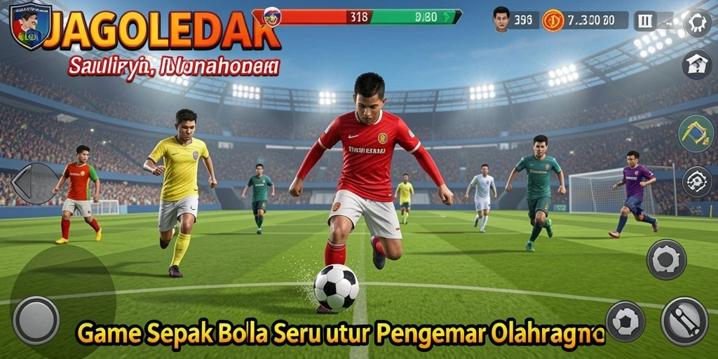 Gambar utama gameplay JAGOLEDAK menampilkan aksi seru di lapangan sepak bola.