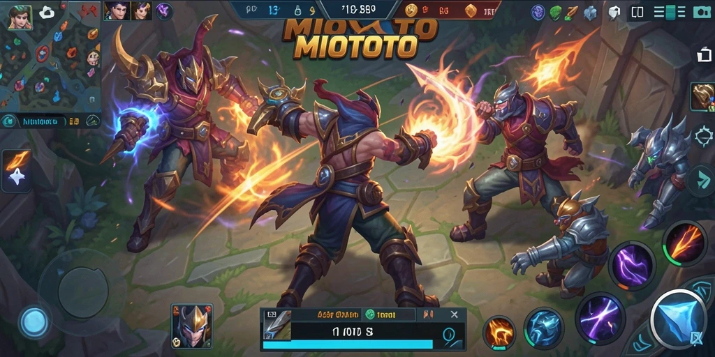 Tangkapan layar utama MIOTOTO menampilkan pertarungan epik dalam arena MOBA.