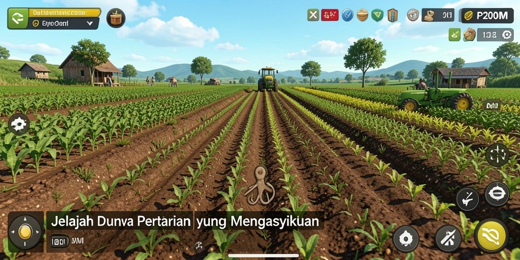 Screenshot utama P200M menampilkan gameplay pertanian yang seru dan interaktif.