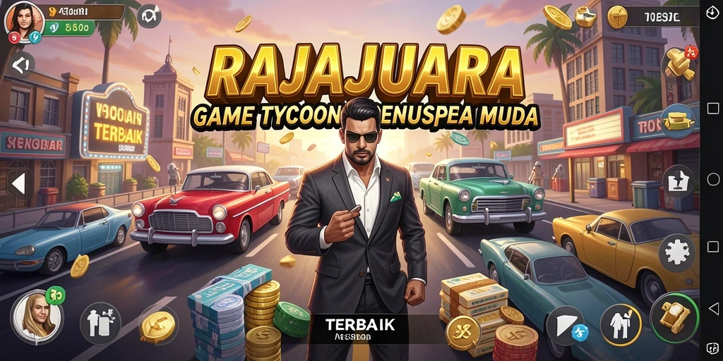 Tampilan gameplay RAJAJUARA dengan berbagai strategi bisnis.