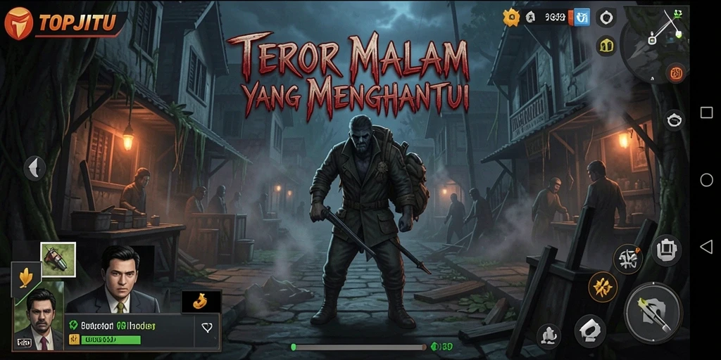 Screenshot gameplay menegangkan dari TOPJITU, memperlihatkan suasana Horror.