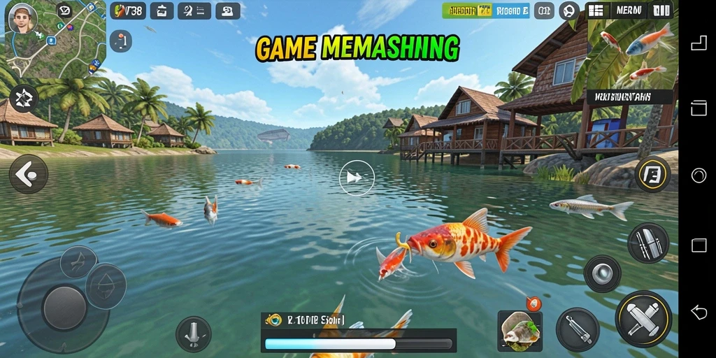 Screenshot dari gameplay VT38 menampilkan aksi memancing yang seru.